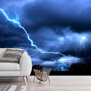 Lightning in a Dark Forest Wallpaper & Wall Mural Storm Nature Landscape Peel and Stick Self Adhesive Art Deco Wallpaper