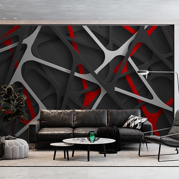 Lines Geometric Design Black and Red Lines Wallpaper & Wall Mural Print Peel and Stick Wall Art Decor Home