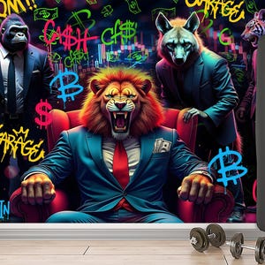 Carta da parati Graffiti Business Carta da parati Animali Carta da parati Finanza Carta da parati Leone Stacca e attacca Ufficio Sala giochi Murale Camera dei bambini Dollaro Bitcoin Arte