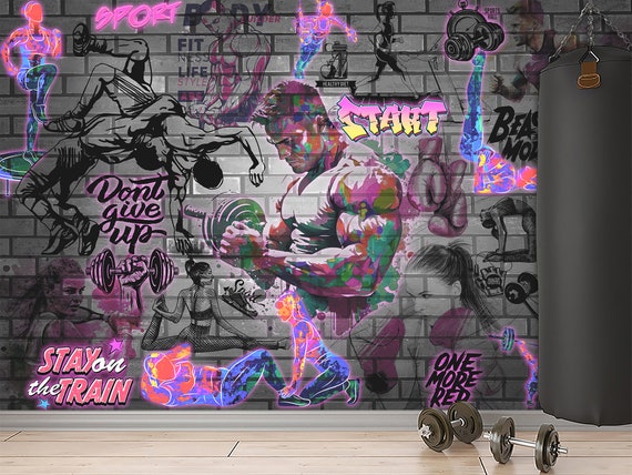 Sport Graffiti Wallpaper Mural: Gym, Fitness, Urban Art (Peel and Stick)
