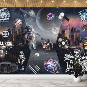 Carta da parati murale con baseball e musica, carta da parati per ragazzi, murale con sport e città, carta da parati adesiva per bambini, murale urbano con astronauta adolescente