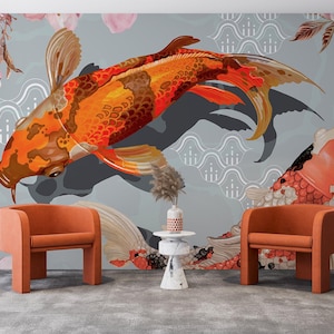 Koi Fish Wallpaper Japanese Aesthetic Cafe Wall Mural With Fishes Carp Wall Mural Peel and Stick Modern Decor Self Adhesive Accent Wallpaper