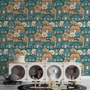 Whimsical House Pattern Wallpaper Colorful Cartoon Village Mural for Kids Room Playroom or Nursery Urban Fantasy Wall Decor