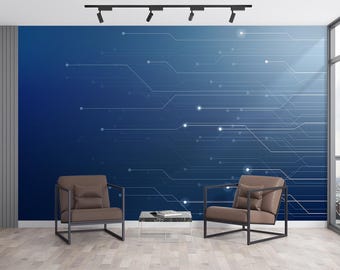 Datanätverkstapet Geometriskt tryck Teknologi på datorklubbens kontor Cyberkretskort Blå teknik Fototapet Dekorativ tapet