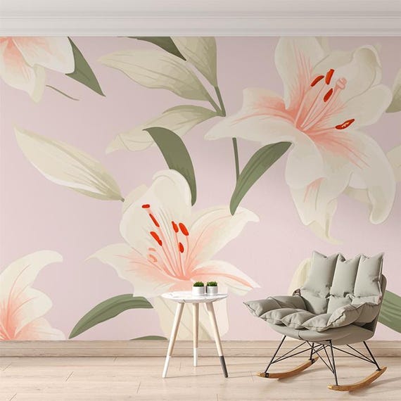 ユリの花柄壁紙壁画、ニュートラルな和風デザイン（貼ってはがせる