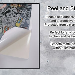 Op de afbeelding: Een witte sticker met een peel-and-stick achterkant. De sticker heeft een kleurrijke collage van afbeeldingen, waaronder een cartoonfiguur met een geel lichaam en blauwe ogen. De tekst "Peel and Stick" is zichtbaar aan de rechterkant van de afbeelding.