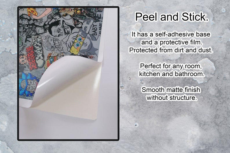 Op de afbeelding: Een witte sticker met een peel-and-stick achterkant. De sticker heeft een kleurrijke collage van afbeeldingen, waaronder een cartoonfiguur met een geel lichaam en blauwe ogen. De tekst "Peel and Stick" is zichtbaar aan de rechterkant van de afbeelding.