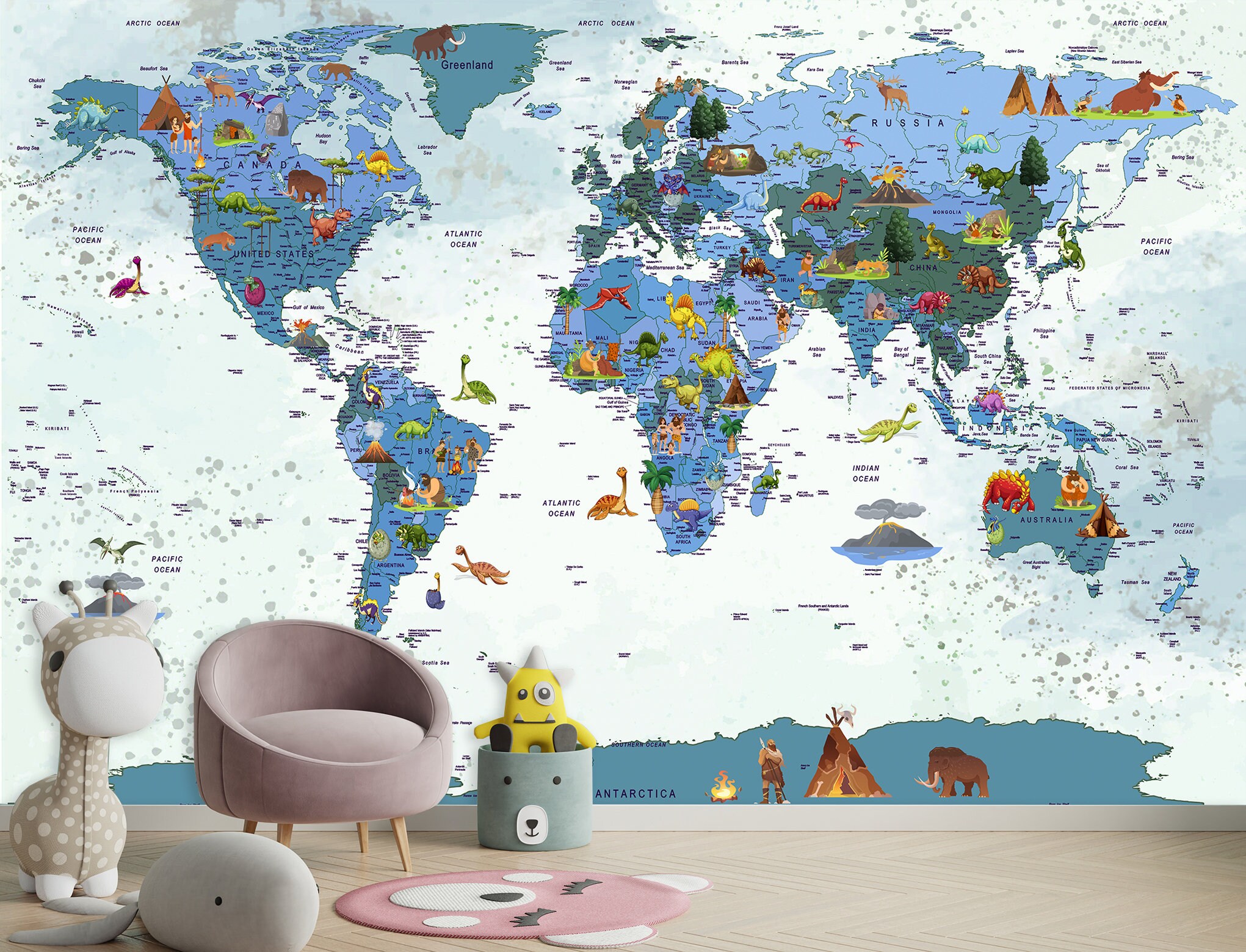 Mural Kids Wallpaper Decor Map of the World & Playroom Peel and Stick ...
