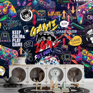 Games Neon Wallpaper Wall Mural Video Gamer Playroom Wallpaper Teen Kids Gaming Modern Peel and Stick Self Adhesive Art Mural