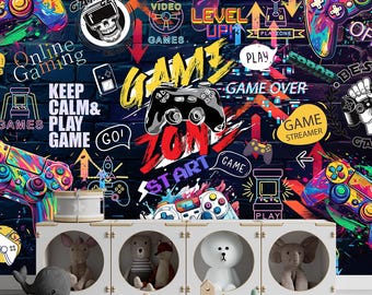 Games Neon Wallpaper Wall Mural Video Gamer Playroom Wallpaper Teen Kids Gaming Modern Peel and Stick Self Adhesive Art Mural