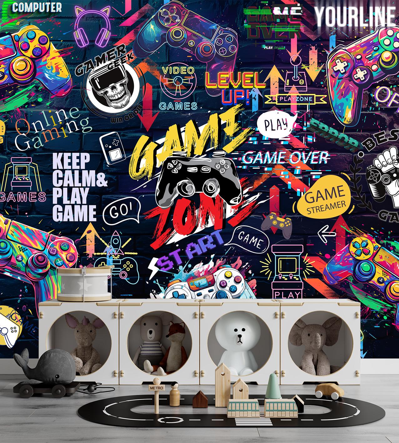 Games Neon Wallpaper Wall Mural Video Gamer Playroom Wallpaper Teen Kids Gaming Modern Peel and Stick Self Adhesive Art Mural