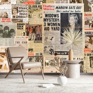 Creative Vintage Journal Wallpaper Newspaper Collage News & Self Adhesive Wall Art Mural Modern  Peel and Stick Decor
