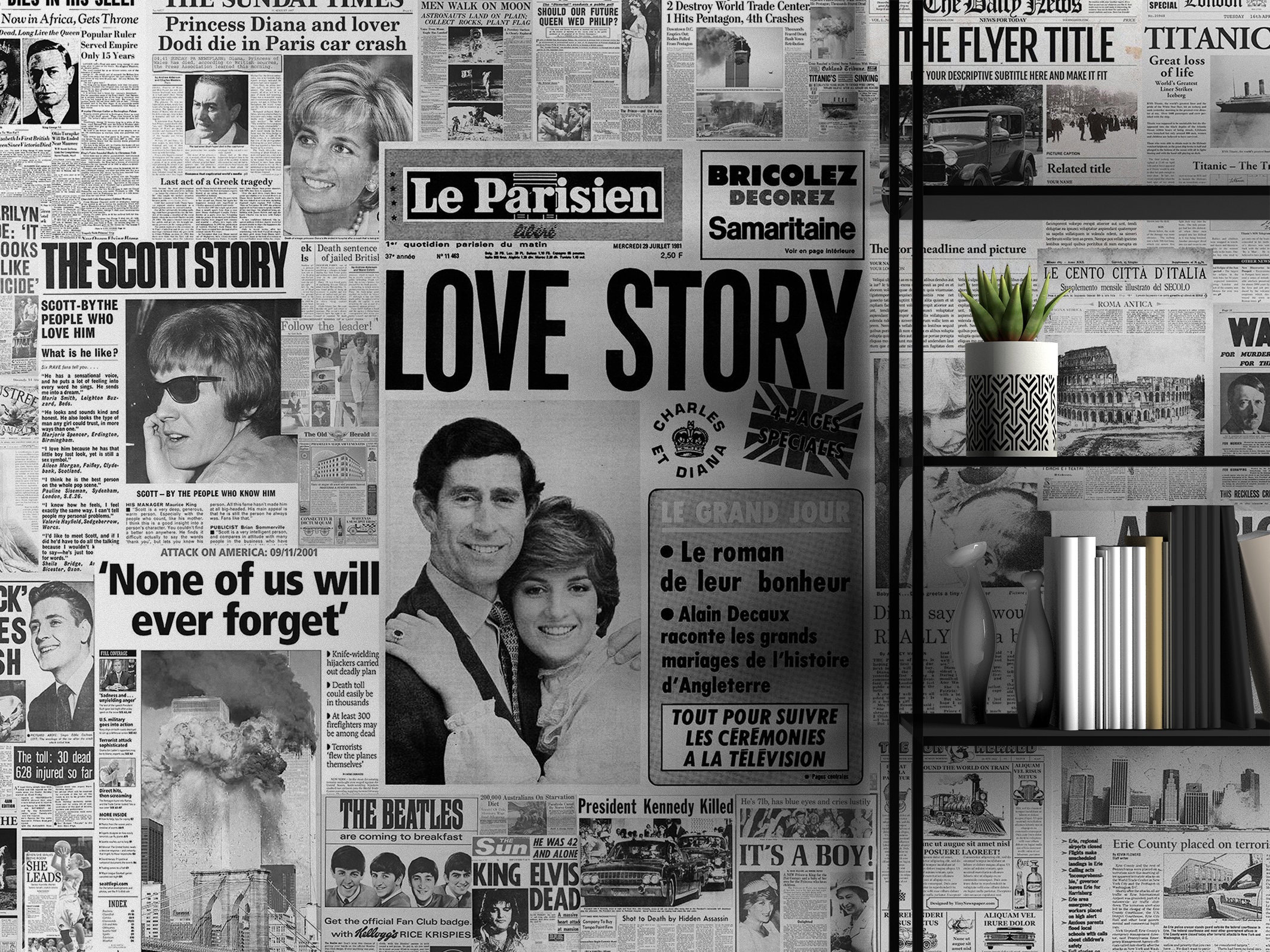 Newspaper Wallpaper New York Times Nostalgic Wall Art Black & White Poster  Wall Covering Vintage Photos…