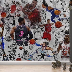 Carta da parati Chicago Basketball Graffiti Sport Murale da parete Urban Street Art Decor Peel and Stick Motivazione Autoadesivo Murale per sala giochi per bambini