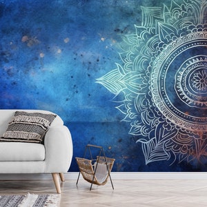 Carta da parati Mandala blu e carta da parati asiatica Ornamenti per la stanza Yoga Indiano Peel and Stick Carta da parati autoadesiva Arte murale Deco