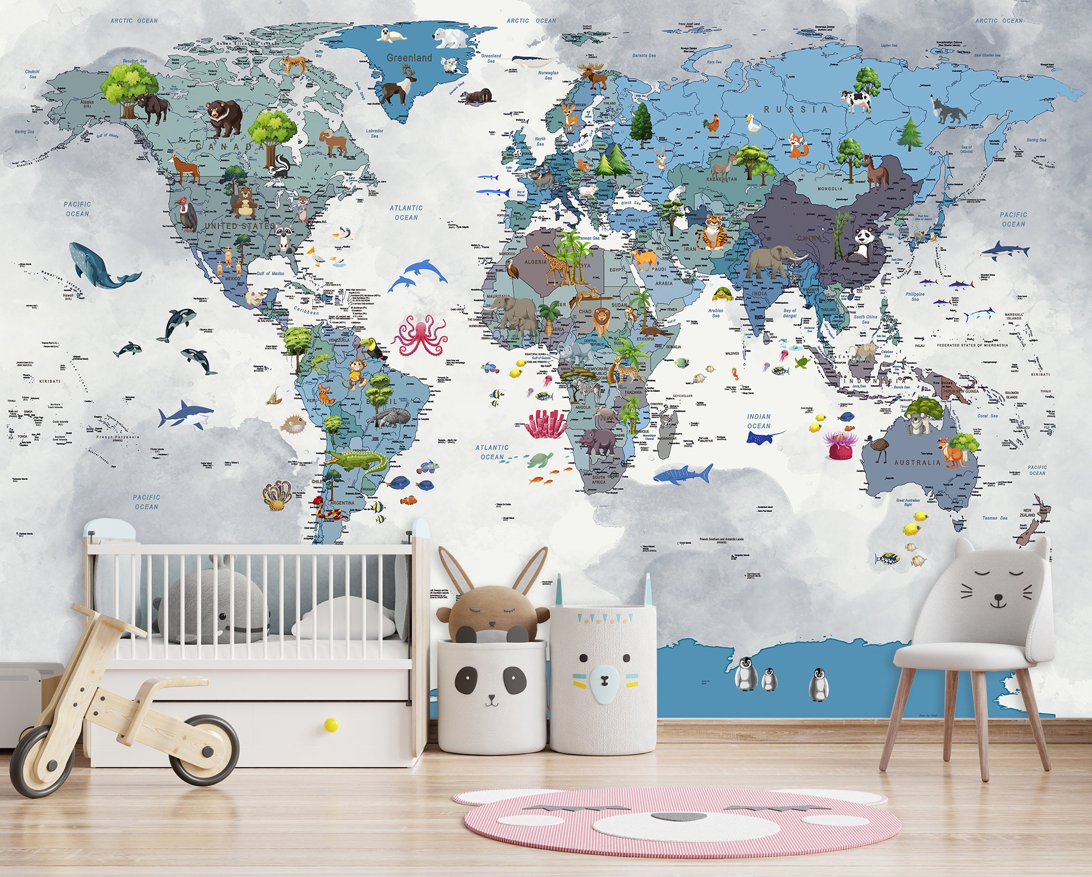 Mural Animal Kids World Map Wallpaper Decor Room Peel and Stick Gift ...