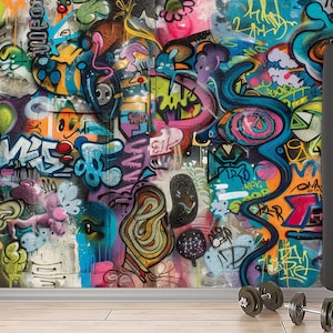 Mural de pared con grafiti funky, impresión artística urbana, decoración de pared autoadhesiva con grafiti para habitación de niños