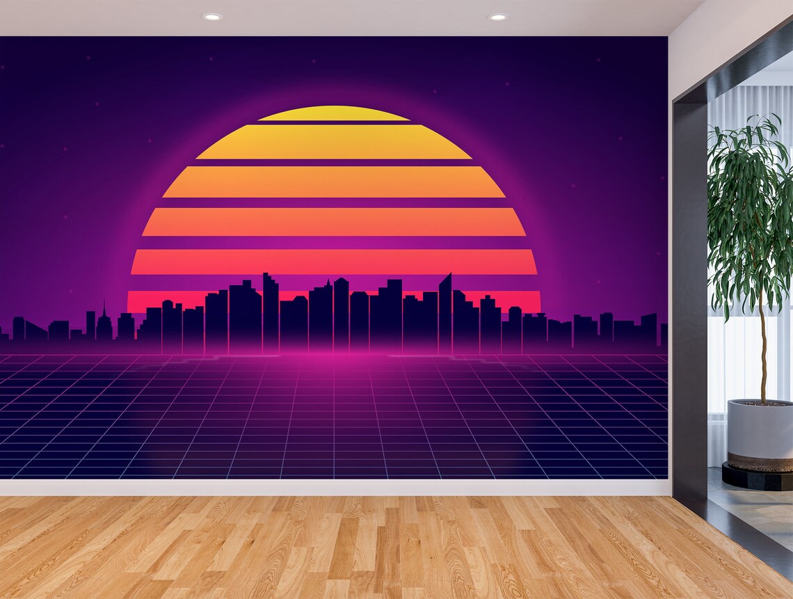 Futuristic Retro Neon Wallpaper Vaporwave Wall Mural Print Synthwave ...