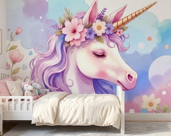 Fantasy Watercolor Unicorn Mural, Pastel Sky Boho Kids Room Decor