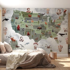 KINDEREN kaart van de VS behang dieren kinderkamer print speelkamer muurschildering behang Peel-and-stick behang dier witte kaart muurschildering behang