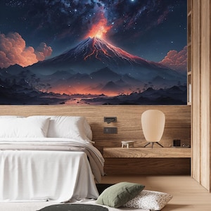 Eruption Volcano Night sky & Stars Mountain Wallpaper Lava Wall Art Mural Clouds Landscape Mountains Print Peel and Stick Decor Home