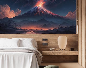 Eruption Volcano Night sky & Stars Mountain Wallpaper Lava Wall Art Mural Clouds Landscape Mountains Print Peel and Stick Decor Home