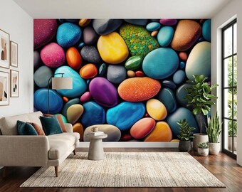 Colorful Sea Pebble Wallpaper: Modern Stone Wall Mural (Peel and Stick)