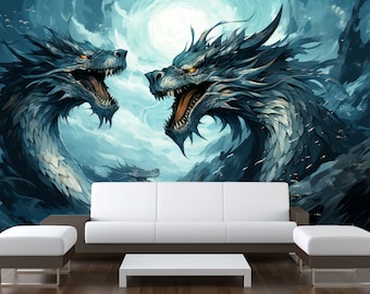 Japanese Dragon Wallpaper Mural, Asian Art, Peel and Stick
