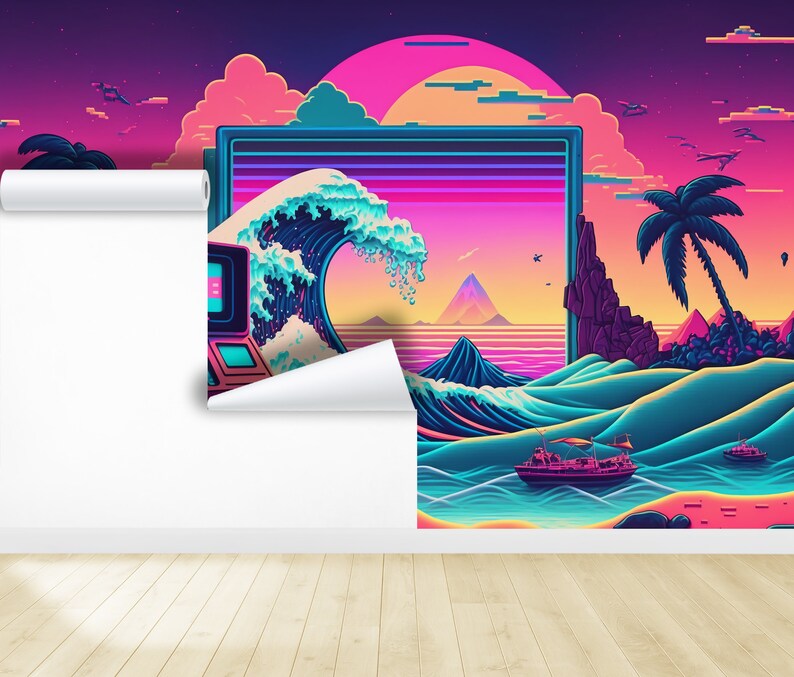 Kanagawa Neon & Vaporwave Wall Art Mural Retro 80's the Great Wave off ...