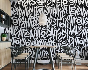 Graffiti Wall Mural: Black White Vinyl Peel and Stick Wallpaper