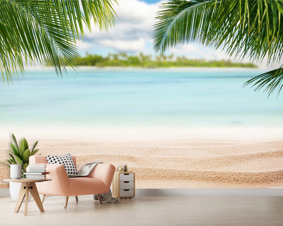 Tropical Sea Beach Wallpaper & Mural Palm Tree Ocean Summer Peel and ...