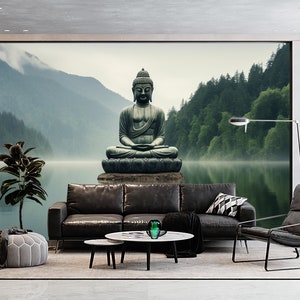 Meditation Buddha Tapete und Wandbild Natürliche Wasserlandschaft Schälen und Aufkleben Art-Deco-Tapete Dekor Hauszimmer