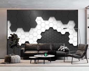 Black, White & Gray Hexagon Wallpaper Mural - Geometric Peel and Stick Wall Art