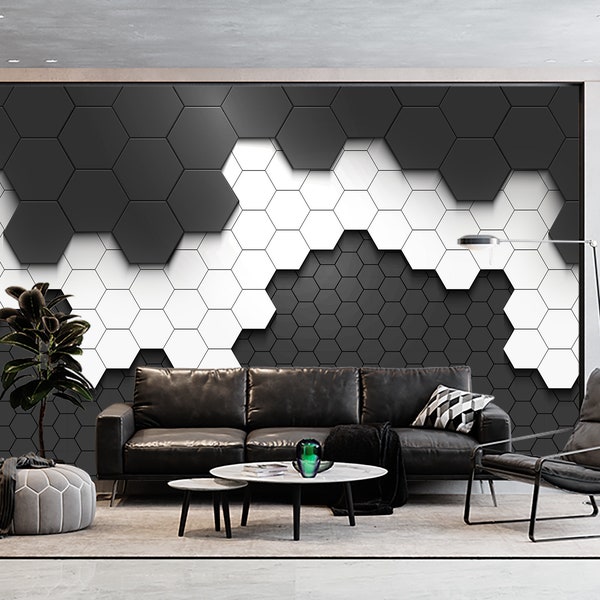 Luxury Black White & Gray Hexagons Wallpaper Hi-Tech Wall Mural Print Geometric Peel and Stick Wall Art Decor Home Games Room