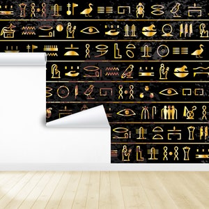 Egyptian Hieroglyphs Gold Wallpaper Mural: Ancient Papyrus Peel and ...