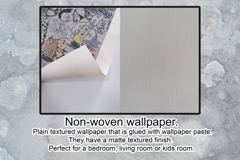 Op de afbeelding: Een close-up van een witte, niet-geweven behang met een textuur. Het behang is gedeeltelijk teruggetrokken om een kleurrijk cartoonontwerp te onthullen. De tekst "Niet-geweven behang" is onder de afbeelding gedrukt.
