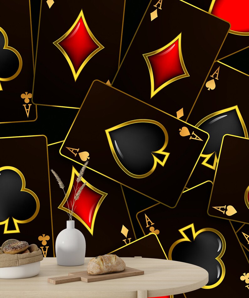 Playing Cards Wallpaper Poker Casino & Card Suits Self Adhesive Poker Chips Wall Art Mural Modern Peel and Stick Decor image 2