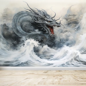 霧の中の龍 日本のアジアの壁紙 壁画 中国の龍 モダン 剥がして貼る粘着アート