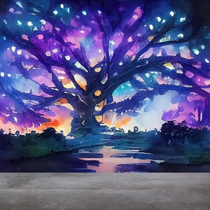 Papier peint forêt magique pour chambre d'enfant, aquarelle et abstraction, arbre magique, conte de fées, forêt de contes de fées, art mural, papier peint autocollant