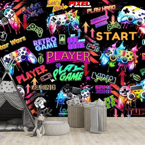 Carta da parati decorativa per sala giochi, murale, decorazione per videogiocatori, sala giochi per adolescenti, bambini, videogiochi, moderna, autoadesiva, staccabile e decorativa.