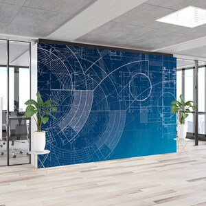 May include: A modern office interior with a large wall mural featuring a blue and white geometric design. The mural is made up of circles, lines, and other shapes, creating a dynamic and abstract pattern. The office has a glass wall and large windows with a view of a city skyline.