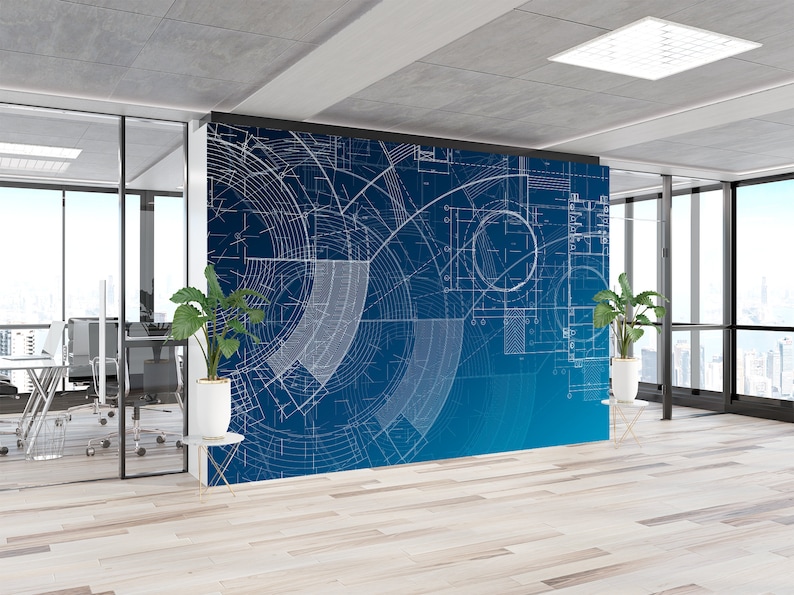 May include: A modern office interior with a large wall mural featuring a blue and white geometric design. The mural is made up of circles, lines, and other shapes, creating a dynamic and abstract pattern. The office has a glass wall and large windows with a view of a city skyline.