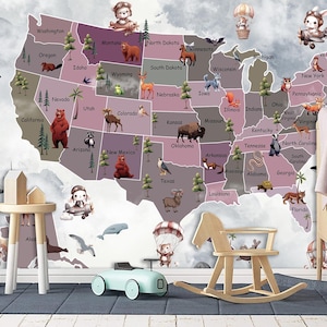 Spielzimmer Kinder Karte Wandbild von USA Tapete Tiere Kinderzimmer Druck Wandbild Tapete Schälen und aufkleben Tapete Tierkarte Wandbild Tapete