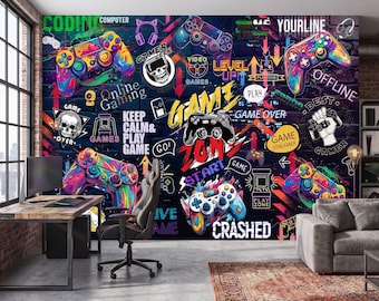 May include: A wall mural featuring a vibrant graffiti-style design with colorful video game controllers, skulls, and text including "GAME ZONE," "KEEP CALM & PLAY GAME," "LEVEL UP," "OFFLINE," "CRASHED," "CODING," "COMPUTER," and "ONLINE GAMING."