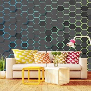 Carta da parati geometrica di lusso con esagoni e moderna figura astratta esagonale, motivo murale, stampa staccabile e attaccabile, decorazione murale per la casa