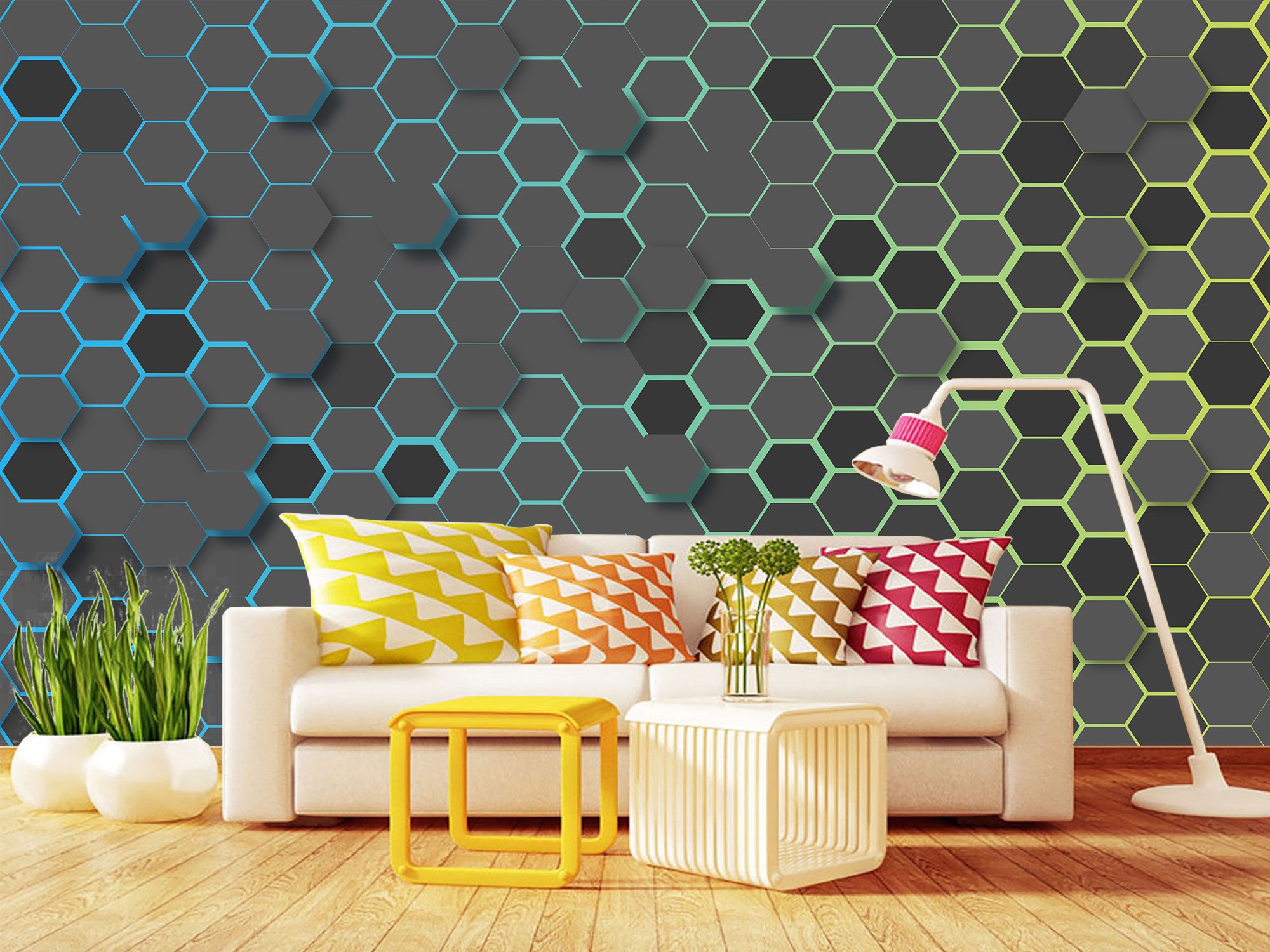 Papier Peint 3D Hexagone R17230 – Autocollant Amovible Luna, Déco Colorée