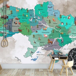 Kinder Karte von Ukraine Wallpaper Wandbild Tapete Spielzimmer Schälen und Stick Tapete Drucken Tiere Karte Geschenk für Jungen Wandbild Tapete
