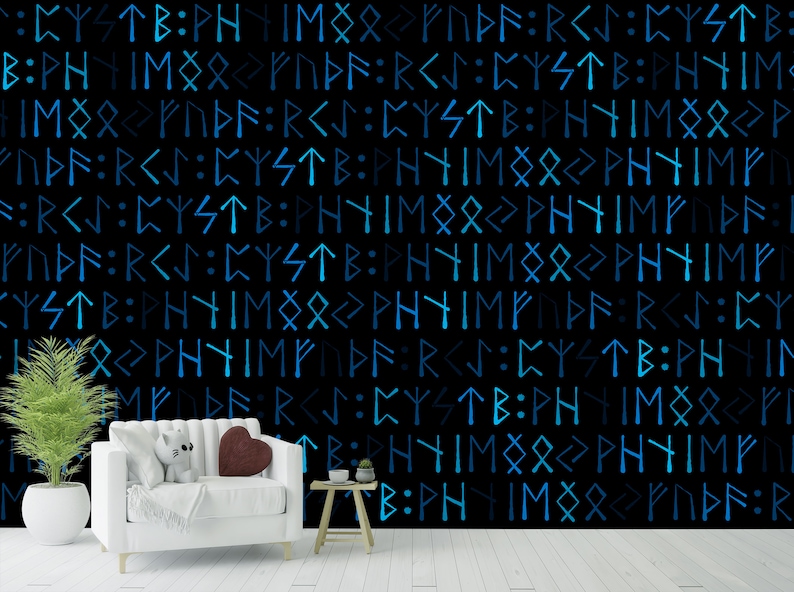 Wall Runes Blue Runes Nordic Wallpaper Futhark Black Blue Protection & Symbols Viking ...