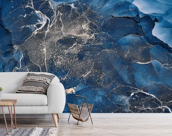 Donkerblauw marmeren behang & marmeren textuur Moderne look Schil en plak zelfklevend wanddecor