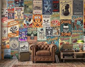 Vintage Americana Poster Collage Wall Mural Retro Teen Room